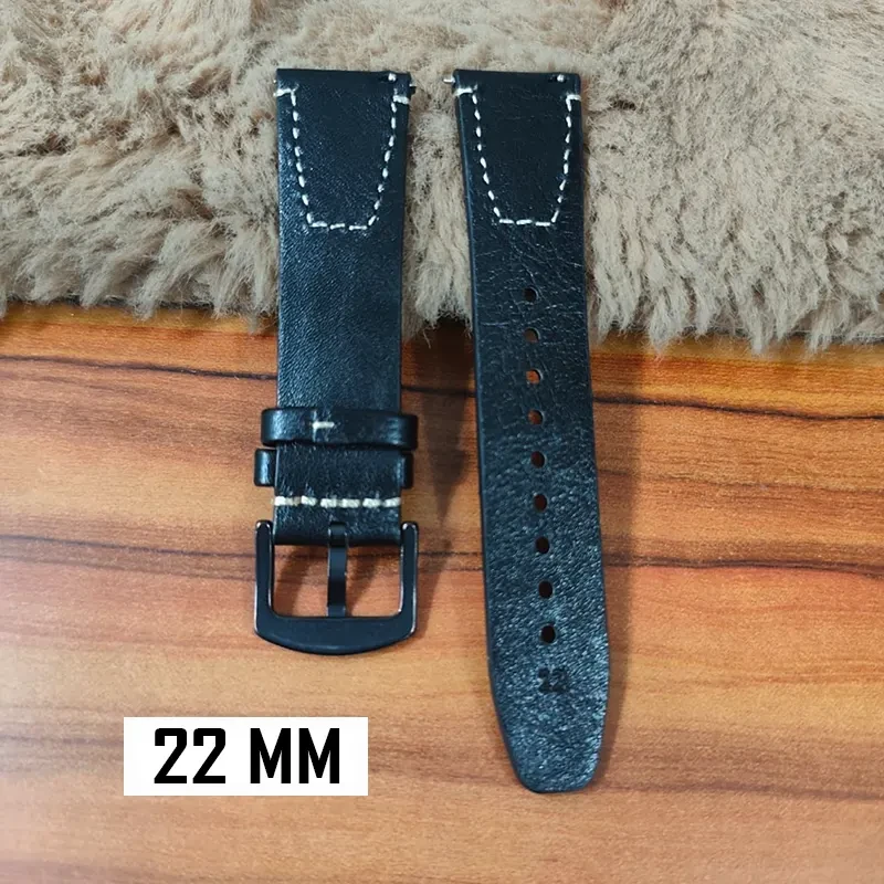 22mm Black Premium Quality Pure Leather Watch Strap